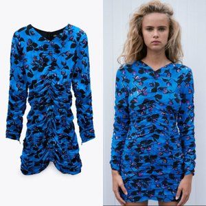 NEW Zara Blue Floral Ruched Draped Mini Dress